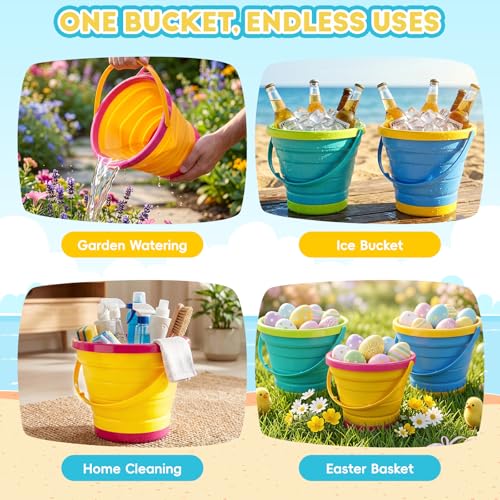 MGparty Collapsible Beach Toys Set for Kids, 3 Pack Foldable Sand Buckets with Shovels Molds Mesh Bag, Portable Travel Sandbox Toys for Toddlers Kids Age 3-10