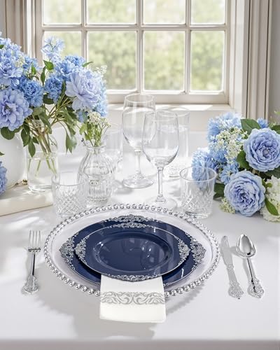 Hioasis 175pcs Blue and Silver Plastic Plates - Elegant Disposable Dinnerware Set Suitable for 25 Guests Include 10.25" Dinner & 7.5" Dessert Plates, Cutlery, Napkins, Cups for Party & Wedding - color: Blue and Silver