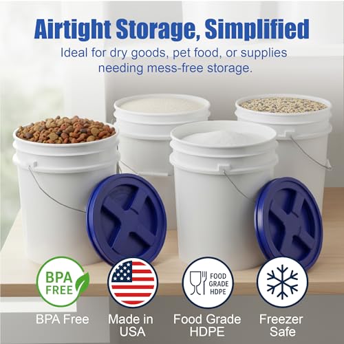 5 Gallon Bucket - Food Grade w/Lid BPA-Free, White/Blue, 6 | Airtight Gamma Seal Screw-On Lid, Heavy-Duty 90 Mil HDPE Plastic, Food Safe and Durable Container, Bulk Storage, Made in USA - color: White/Blue, size: 6 Packs