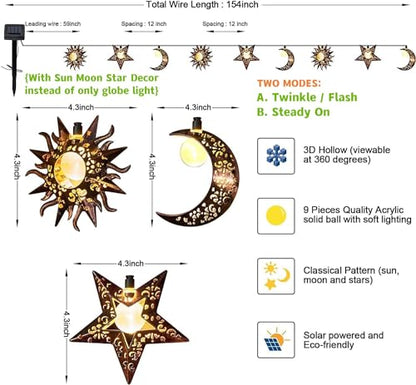 Beautyard Solar String Lights Outdoor Star Moon Sun 13Ft 153In Led Solar Powered Decorative Lights for Garden Patio Yard Trees Mothers Birthday Gifts Party (Warm White) (Star Moon Sun String Lights)