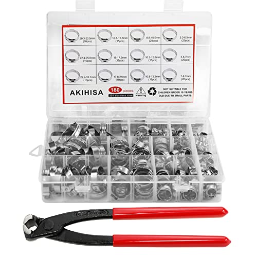 AKIHISA 180 PCS Single Ear Hose Clamps, 12 Sizes 5.3-33.1mm Crimp Hose Clamps with Ear Clamps Pincer, 304 Stainless Steel Crimp Pinch Fitting Tools Kit - size: 180Pcs (5.3-33.1mm)