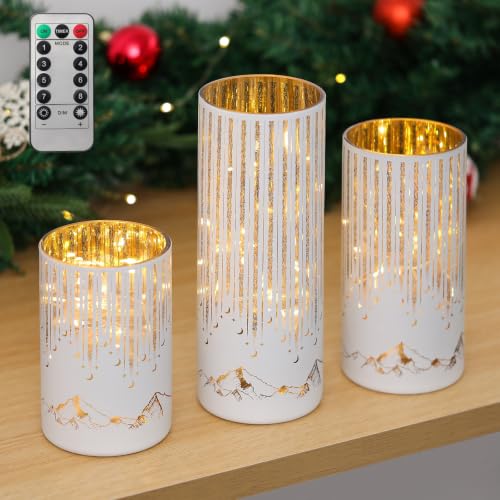 Starry Night Hurricane Candleholders with Warm LED Lights & Remote Timer, Elegant Twinkling Decorative Centerpieces for Wedding, Dining Table, Living Room, Mantel Décor, Set of 3 (White) - color: White