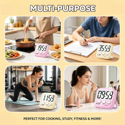 2 Pack Digital Timer for Kids Classroom Kitchen Timers for Cooking | w/ Battery, Easy to View, Alarm, Mute Mode, Count Down/Up, Magnetic, Kickstand, Hanging, Classroom Timer for Teacher Supplies - color: 2 * Lovely Pink + Light Peach