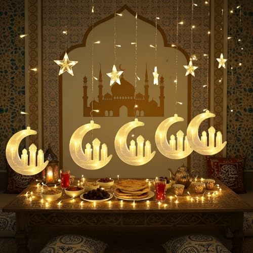 Ramadan Curtain Lights,135 LED Star & Castle String Lights,USB Powered Dimmable Twinkle Curtain Fairy Lights,8 Lighting Modes Warm White Window Light,Ramadan Decorations for Home Indoor Decor
