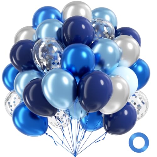60pcs Blue and Silver Balloons 12inch with Navy Blue Pastel Blue Silver Confetti Balloons for Graduation Baby Shower Wedding Birthday Party Decorations - color: Metallic Blue Silver