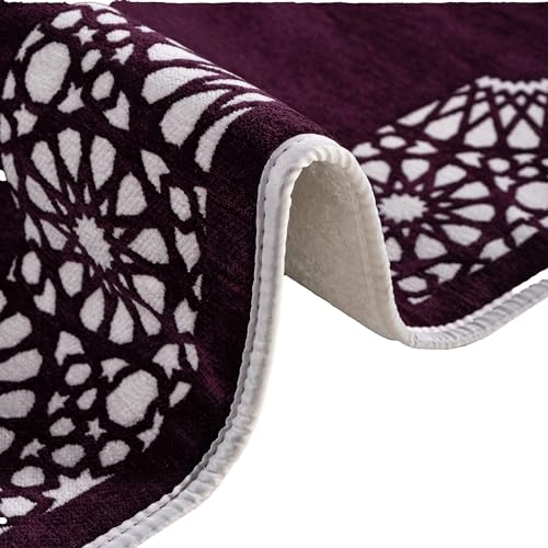 Modefa Turkish Islamic Prayer Mat - Chenille with Foam and Carrying Bag - Intricate Praying Rug Ramadan Eid Gift - Traditional Muslim Janamaz Seccade for Men Women - Mustaqim (Purple) - color: Purple