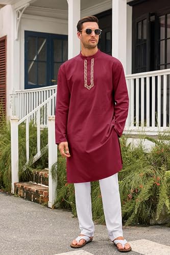 Runcati Mens Kaftan Thobe Button Down Casual Henley Shirts Long Sleeve Robe Cotton Linen Muslim Gown Shirt - color: Burgundy, size: XX-Large
