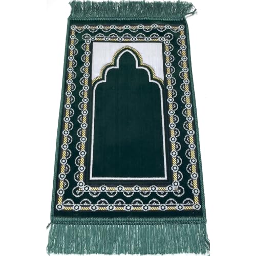 Modefa Islamic Turkish Velvet Prayer Rug Small Child Toddler Namaz Sajjadah Janamaz Dotted Border (Plain Green) - color: Plain Green