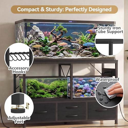Heybly 55-75 Gallon Fish Tank Stand, Aquarium Stand with Drawer, Power Outlet, Heavy Duty Metal Frame, for Fish Tank, Turtle & Reptile Terrarium, 36.2" L × 18.1" Top, 660lbs (Top)+400lbs(Mid), Black HAS005BK - color: Black, size: 55-75 gal