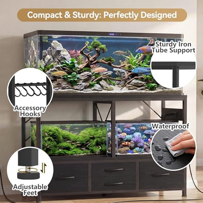 Heybly 55-75 Gallon Fish Tank Stand, Aquarium Stand with Drawer, Power Outlet, Heavy Duty Metal Frame, for Fish Tank, Turtle & Reptile Terrarium, 36.2" L × 18.1" Top, 660lbs (Top)+400lbs(Mid), Black HAS005BK - color: Black, size: 55-75 gal