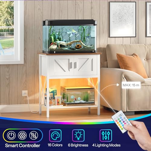 HOOBRO 20 Gallon Fish Tank Stand with Power Outlets and LED Light, Metal Frame Aquarium Stand, Reptile, Turtle Tank Stand with Cabinet Storage, 300 LBS Capacity, White and Walnut WH40UDFT01 - color: White + Walnut