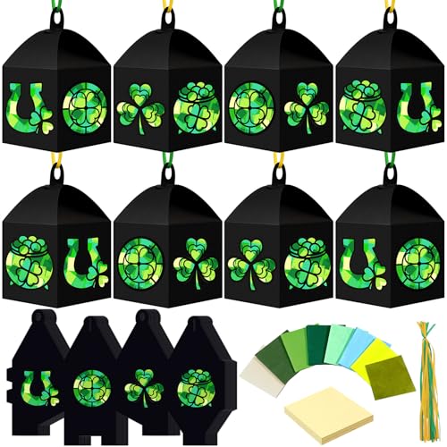 Maitys 16 Sets St Patricks Day Paper Lantern Craft Kit for Adults, Fun Irish Clover Horseshoe DIY Lanterns with Tissue Paper Glue Shamrock Lucky Handcrafts for Home Activities Ornaments Decoration - style: Clover