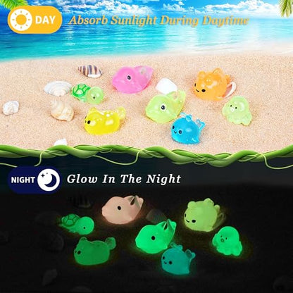 100pcs Mini Resin Ocean Animals, 70 Styles Mini Sea Creatures Glow in the Dark, Mini Ocean Animals Figures for Micro Fairy Garden, DIY Fish Tank, Landscape, Aquarium Ornaments