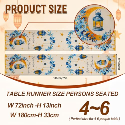 cnomg Eid Mubarak Table Runner Table Decorations 2 Pack Blue and Gold Holiday Kitchen Dining Table Runners with Moon Star and Lantern Flower for Home Party Decor 13 x 72 Inch
