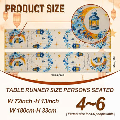 cnomg Eid Mubarak Table Runner Table Decorations 2 Pack Blue and Gold Holiday Kitchen Dining Table Runners with Moon Star and Lantern Flower for Home Party Decor 13 x 72 Inch