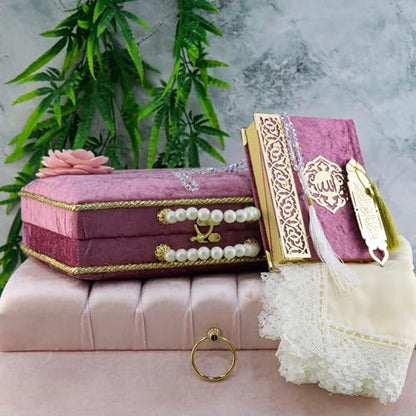 Modefa Islamic Luxury Pearl Islamic Gift Set - Holy Quran in Arabic - Velvet Box with Quran, Hijab, Tesbih, & Bookmark (Light Raspberry) - color: Light Raspberry