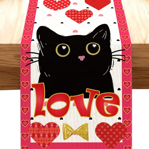 EUOYUFO 13 x 72 Inch Valentines Day Table Runner Valentines Day Party Decorations Wedding Kitchen Dining Black Cats Red Hearts Table Decor Tablecloth for Home Office Seasonal Anniversary - color: Black Cats Valentines