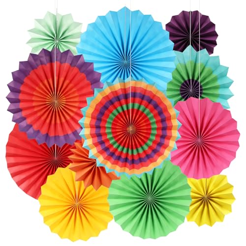 BestoFun 12PCS Paper Fans Mexican Party Decorations Colorful Paper Rainbow Party Decorations Fans Tissue Paper Flowers Decorations for Girl Groovy Birthday Baby Shower Wedding Room Wall Hanging Décor - color: Carnival