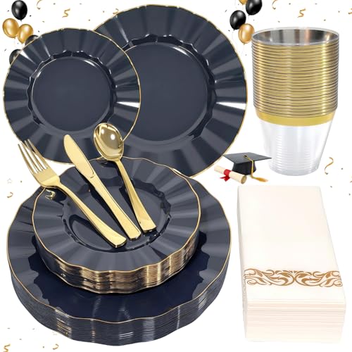 Glowserve 175 Piece Disposable Plastic Plates Dinnerware Set for 25 Guests - color: Navy Blue