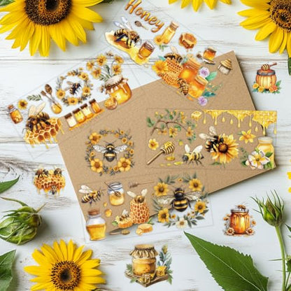 10 Sheets UV DTF Cup Wraps, 10 Styles Sweet Honey Decals Cartoon Bee Theme Rub on Decals Waterproof Transfer Stickers for Glass Cups Wood Crafts - style: Sweet Honey