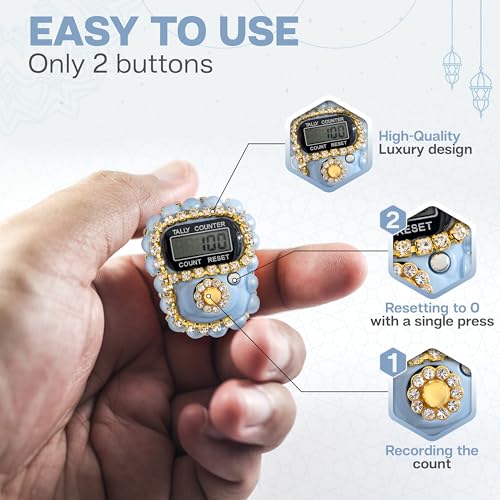 Islamic Tasbih Prayer Beads & Digital Tasbeeh Counter Set – 3 Pack Muslim Prayer Gift for Dhikr, Meditation & Ramadan, Elegant Beads with LCD Finger Counter in Heart-Shaped Gift Box (Blue) - color: Blue