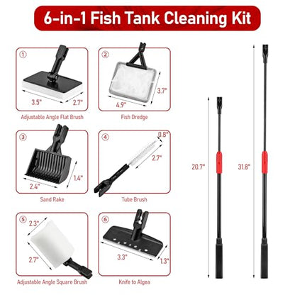 6 in 1 Aquarium Cleaning Tool Algae Scraper for Fish Tank Cleaning | Professiona Fish Tank Cleaning Tool Including Brush Sand Rake Pad with Telescopic Handle Tank Glass Cleaner Kit