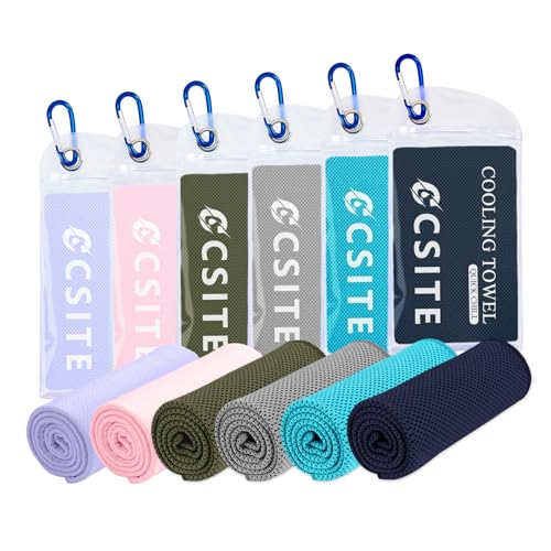 CSITE 6 Pack Cooling Towels (47"x12") for Neck and Face, Ice Towel for Hot Weather, Soft Breathable Chilly Gym Towels, Microfiber Towel for Work Out, Yoga, Running, Camping & More Activities - color: Macaron Purple/Macaron Pink/Military Green/Light Grey/L
