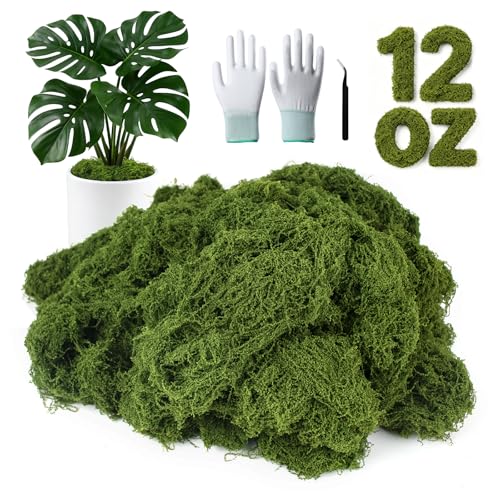 MGLIFEUL 12oz Fake Green Moss for Plants Indoor with Gloves and Tweezers | Artificial Faux Moss for Craft DIY Table Centerpieces Living Walls Fairy Garden Indoor Outdoor Home Decorating Model Making - color: Grass Green, size: 12oz