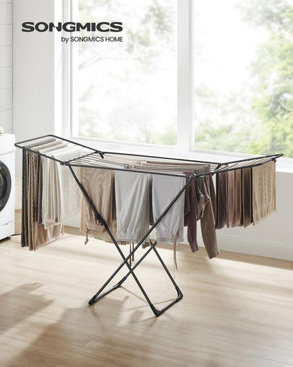 SONGMICS Clothes Drying Rack, Metal Laundry Drying Rack, Foldable, Space-Saving, Free-Standing Airer, with 2 Gullwings, Indoor Outdoor Use, Bed Linen Clothing, Black ULLR540B01 - color: Black, style: 2 Gullwings（19.7"D)