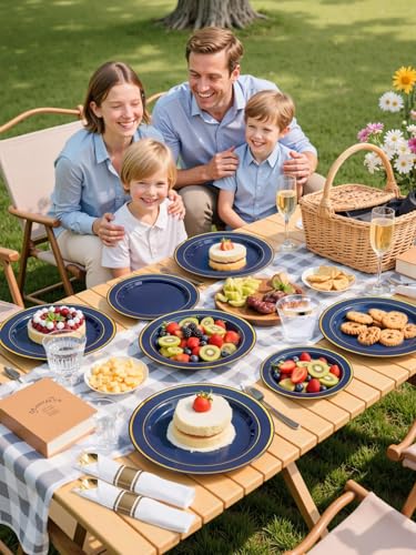 WDF Partyware 350PCS Navy Blue and Gold Plastic Plates with Rolled Napkins Include Dinner Plate 10’’, Dessert Plate 7’’, gold Cups 9 OZ, Pre Rolled Napkins for Birthday/Wedding/Party/Graduation - color: Blue and Gold, size: 350