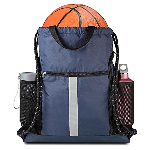 BeeGreen Gym-Drawstring-Backpack-Bag With Shoe Compartment and Two Water Bottle Holder Large String Backpack Sports Bag Athletic Sackpack For Men Women - color: Navy, style: Drawstring With Shoe Compartment