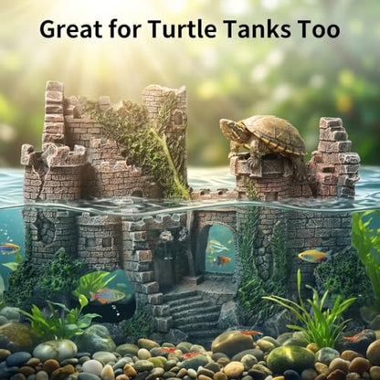 Aquarium Resin Castle Decoration, Air Bubbler Stone Cave Hideout House for Betta Fish, Shrimp & Turtles, Fish Tank Ornament Accessories for Breeding, Playing & Resting ，Decorative Bubbling Castle
