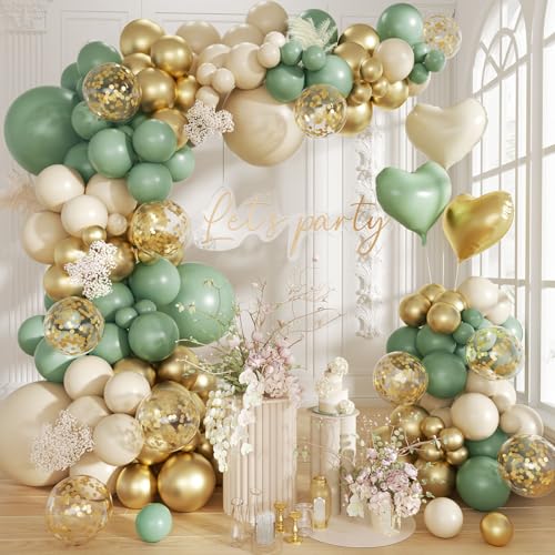 160Pcs Sage Green Gold Balloon Garland Arch Kit, Olive Green White Sand Gold Confetti Balloon with Heart Foil Balloons for Baby Shower Birthday Wedding Engagement Party Decorations - color: Sage Green