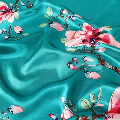 AWAYTR 35” Large Satin Square Head Scarf - 2Pcs Silk Like Floral Head Scarves Square Satin Hair Scarf Bandanas for Women - color: Flower(ha Cyan/Navy)