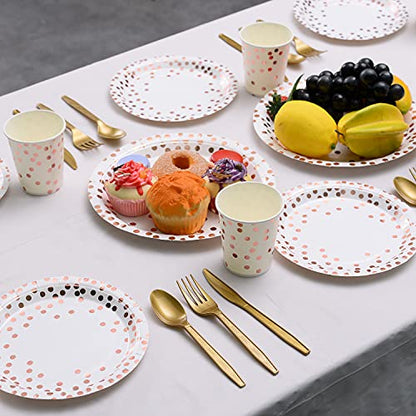 YAOSHENG 201 Pieces Rose Gold Party Supplies - Rose Gold Dot on White Paper Plates and Napkins Cups Silverware Serves 25 Sets for Wedding Bridal Shower Engagement Birthday Parties.(Rose gold dot) - color: Rose gold dot