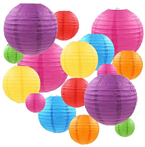 Paper Lanterns 16 Pcs Multicolor Assorted size of 4" 6" 8" 10" Chinese Round Paper Hanging Decorations Ball Lanterns Lamps for Home Decorations, Parties, and Weddings - color: Multi-colored