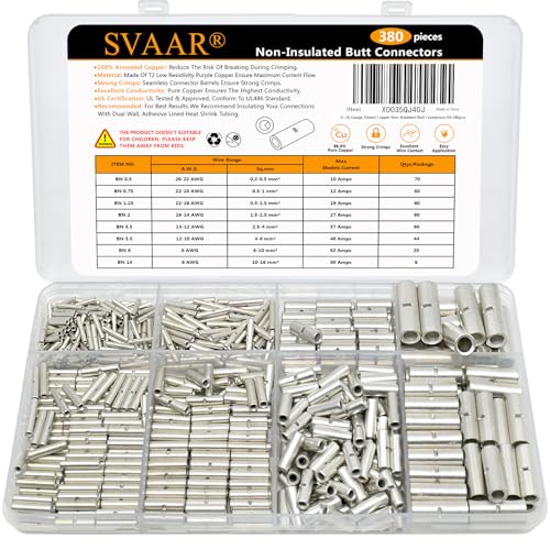 380pcs Non/Un Insulated Butt Connectors Wire Butt Splice 26-6 Gauge | SVAAR Heavy Duty Tinned Copper High Conductivity Marine Grade Seamless Barrel Crimp Splice Terminals Automotive,Marine,DIY - color: Non-Insulated Splice - Tinned Copper