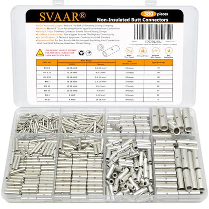 380pcs Non/Un Insulated Butt Connectors Wire Butt Splice 26-6 Gauge | SVAAR Heavy Duty Tinned Copper High Conductivity Marine Grade Seamless Barrel Crimp Splice Terminals Automotive,Marine,DIY - color: Non-Insulated Splice - Tinned Copper