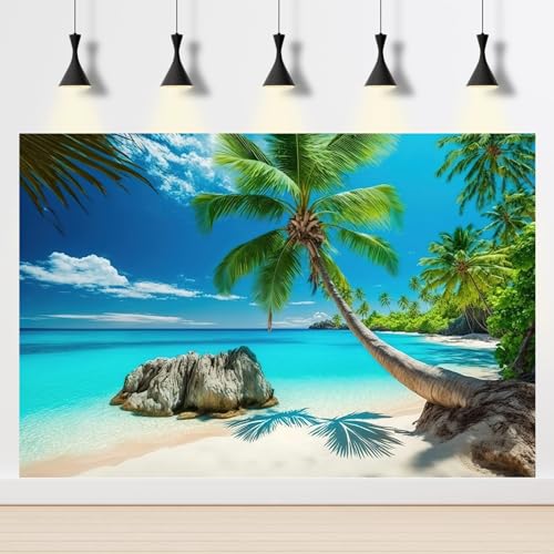 Ocean Beach Aquarium Background Tropical Beach Seascape Coconut Trees Terrarium Backgrounds Sunny Seabeach Coastal Landscape Fish Tank Background Blue Ocean Sandbeach Reptile Tank Backgrounds 24x16in - color: Dark Aqua, size: 24(W)x16(H)inches/ 60(W)*40cm