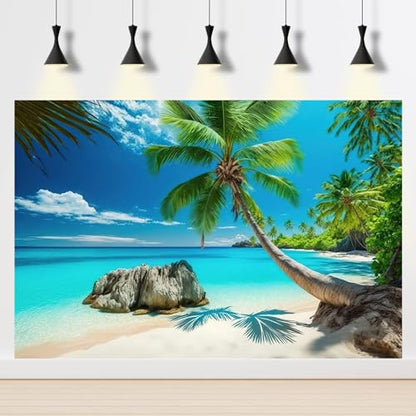 Ocean Beach Aquarium Background Tropical Beach Seascape Coconut Trees Terrarium Backgrounds Sunny Seabeach Coastal Landscape Fish Tank Background Blue Ocean Sandbeach Reptile Tank Backgrounds 24x16in - color: Dark Aqua, size: 24(W)x16(H)inches/ 60(W)*40cm