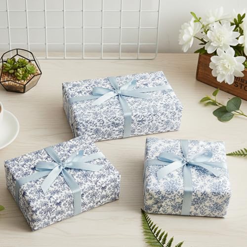 Keluna Blue Bow Flower Wrapping Paper - 12 Pcs Chinoiserie Light Blue Wrapping Paper for Baby Shower Girls Birthday Wedding Bridal Shower Gift Wrap Supplies - color: Chinoiserie flower