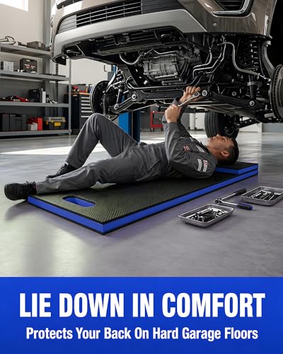 Folding Kneeling Pad, 1 Inch Thick Compact Mechanic Mat, Blue | 47.24 x 15.74 Inch 6-Panel Firm Foam Pad with Tool Pockets, Carry Handle and Water-Resistant Textured Surface - color: Blue