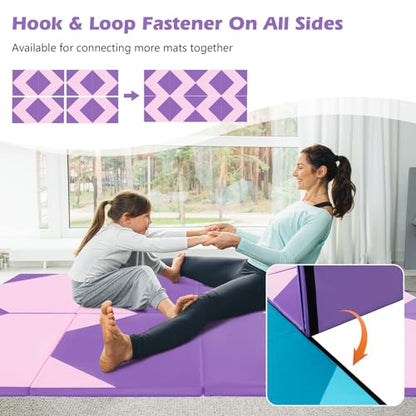 Goplus Folding Gymnastics Mat, 10’ x 4’ x 2’’ Thick Tumbling Mats with PU Leather, Hook & Loop Fasteners, Portable Handles, 4-Panel Exercise Mat for Home Gym Workouts, Yoga - color: Pink+Purple