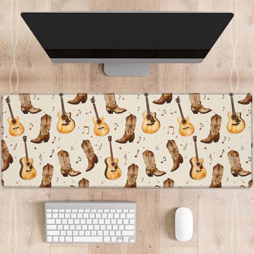 Country Music Gaming Mouse Pad, Cowboy Boots and Guitars Large Desk Mat for Computer, Extended Keyboard Laptop Mouse Pads 31.5×11.8in, Non Slip Rubber Mousepad for Office Decor Gifts - color: Cowboy25