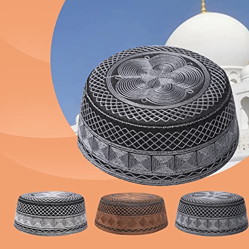 Islamic Men's Hat Men Muslim Prayer Kufi Hat Arabian Top Embroidered Men Hajj Mosque Headwear Beanie Skull Cap - color: Dark Grey