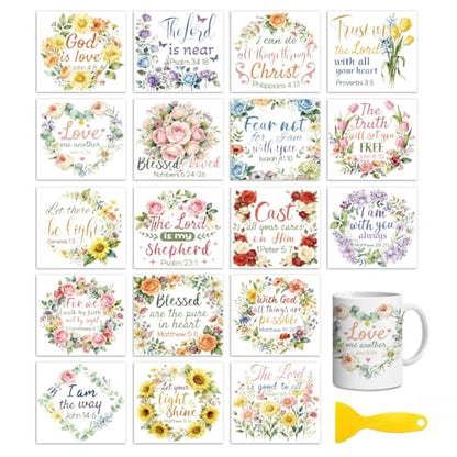 Peacoblue 18 Sheets Rub on Transfers for Crafts, Christian Bible with Wreath 3.6"x3.9" UV DTF Cup Wraps Waterproof Rub on Cold Transfers Stickers for Wood Glass Metal Cup Tumblers Mirrors Mugs Decor - style: Christian Bible with Wreath