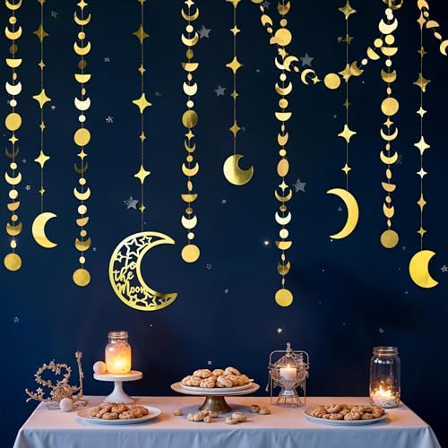 Cheerland Gold Star Moon Garlands to The Moon Party Decorations Celestrial Birthday Decor Moon Phase Hanging Streamer Crescent Stars Kids Room Witchy Whimsical Ramadan EID Mubarak Party Supplies - color: Gold