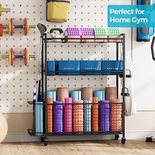 Sports Equipment Storage Rack with Wheels, 3-Tier Ball Organizer | Large Capacity Sports Gear & Toy Organizer with Racket Slots, Hooks, for Garage, Home Gym & Backyard, 31" W