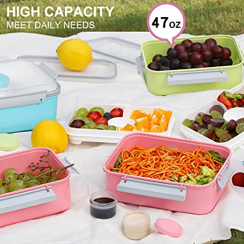 3 Pack Salad Lunch Box Food Storage Containers, 47oz Bento Box To Go Container with Lids, ReusableMeal Prep Containers with Removable Tray & Dressing Pots for Kids and Adults, Microwavable - color: Pink & Green & Light Blue