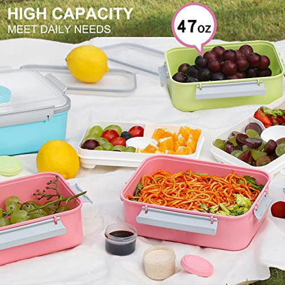 3 Pack Salad Lunch Box Food Storage Containers, 47oz Bento Box To Go Container with Lids, ReusableMeal Prep Containers with Removable Tray & Dressing Pots for Kids and Adults, Microwavable - color: Pink & Green & Light Blue